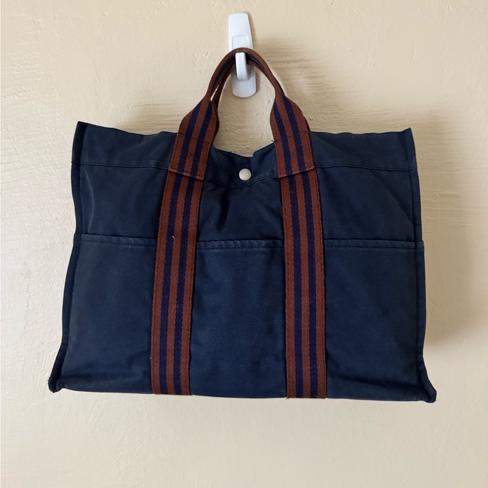 Hermes Large Canvas Tote Bag (Navy Blue and Rust Brown Stripe)